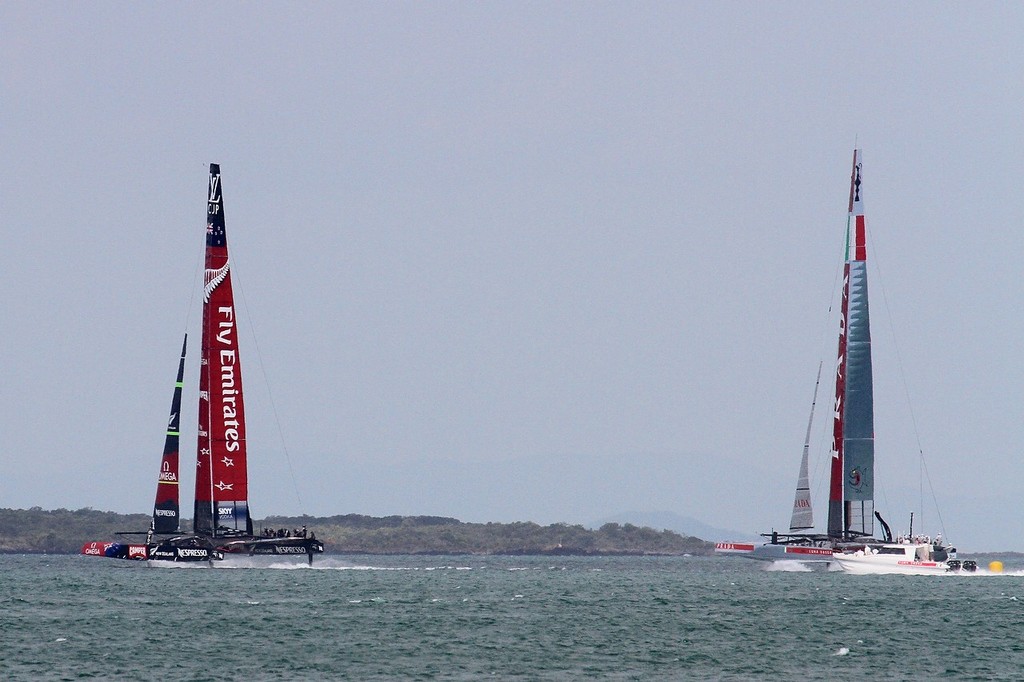 Rounding the first mark (just visible astern of Luna Rossa) both boats are foiling at this point - but are yet to gybe - AC72 Race Practice - Takapuna March 8, 2013 © Richard Gladwell www.photosport.co.nz